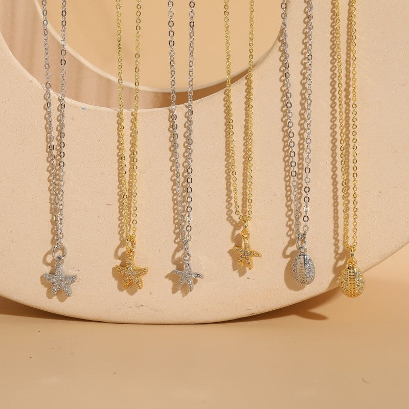 Vacation Beach Starfish Zircon Pendant Necklace - 14k Gold & White Gold Plated Ocean Series Choker