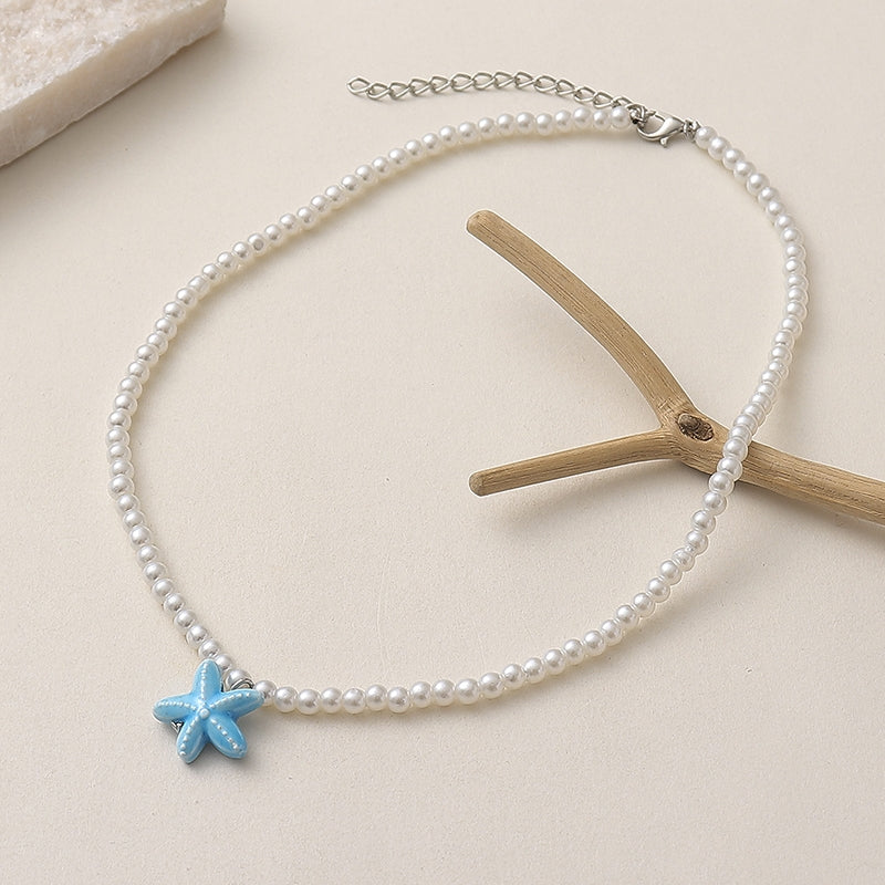 Vacation Beach Starfish Imitation Pearl Beaded Necklace for Women