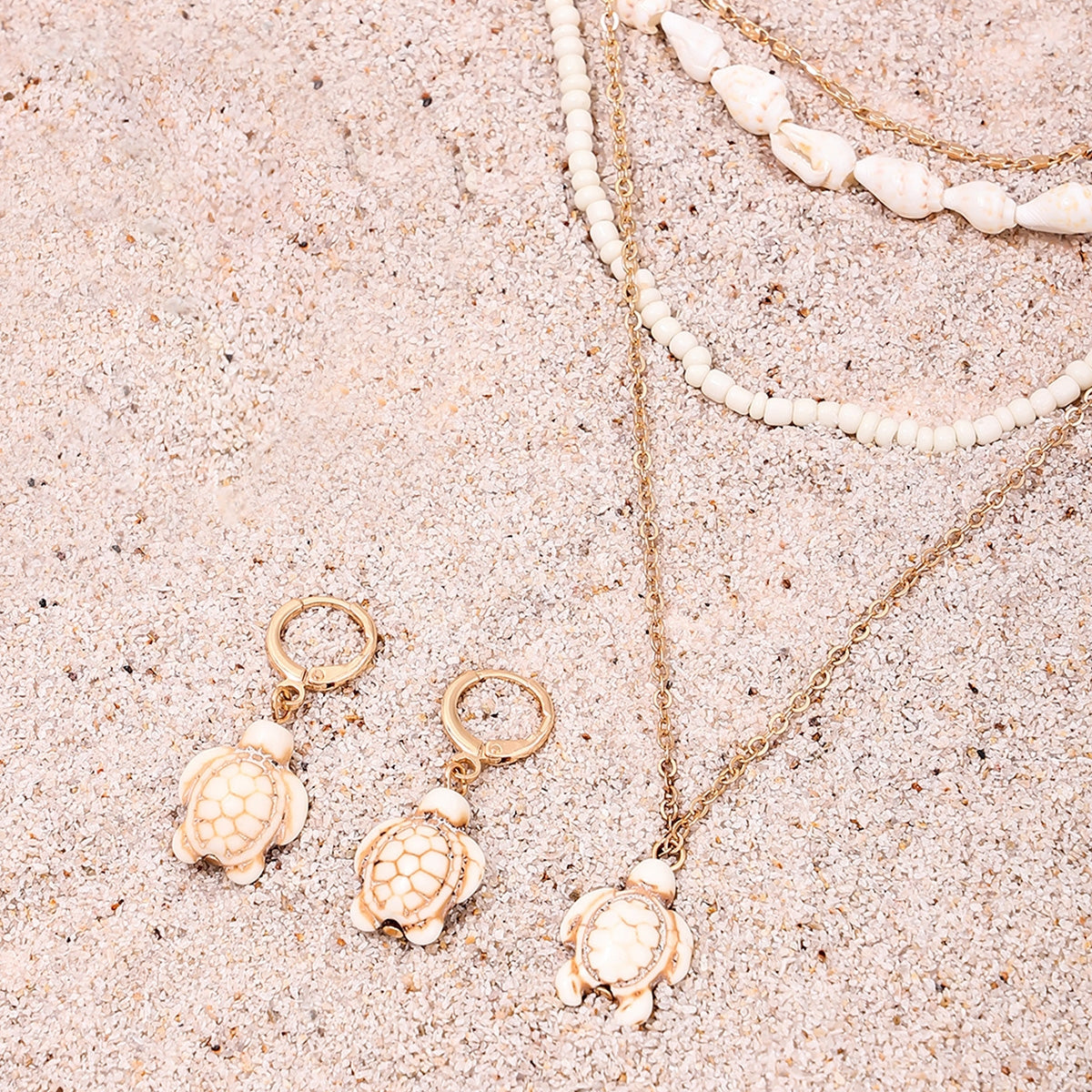 Vacation Beach Tortoise Resin Shell Jewelry Set - Necklace and Earrings