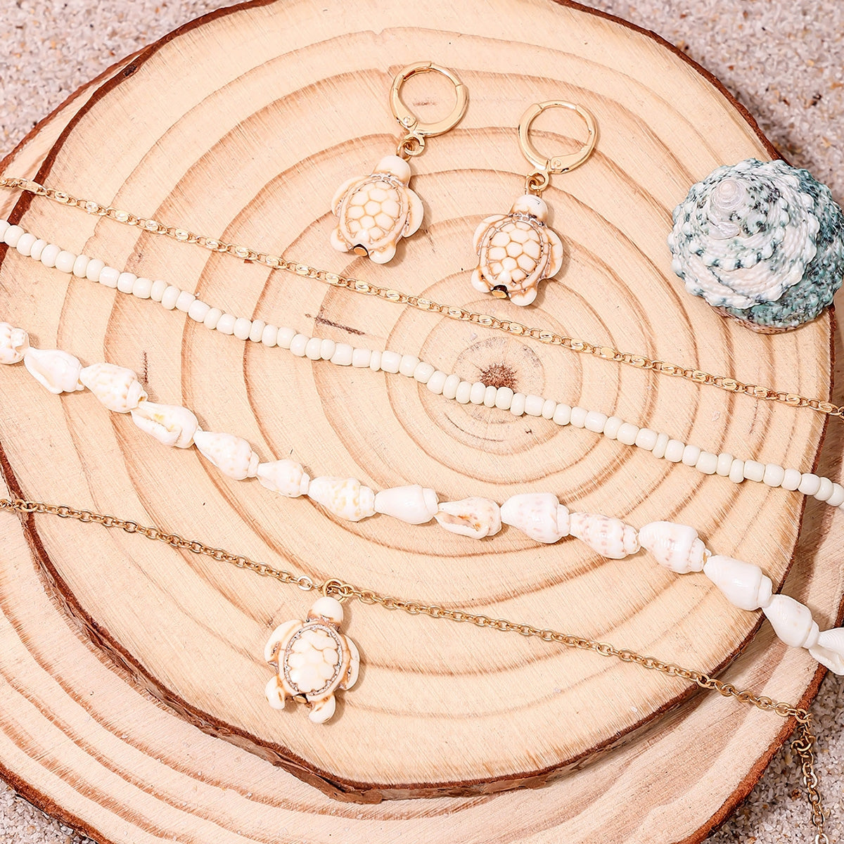 Vacation Beach Tortoise Resin Shell Jewelry Set - Necklace and Earrings