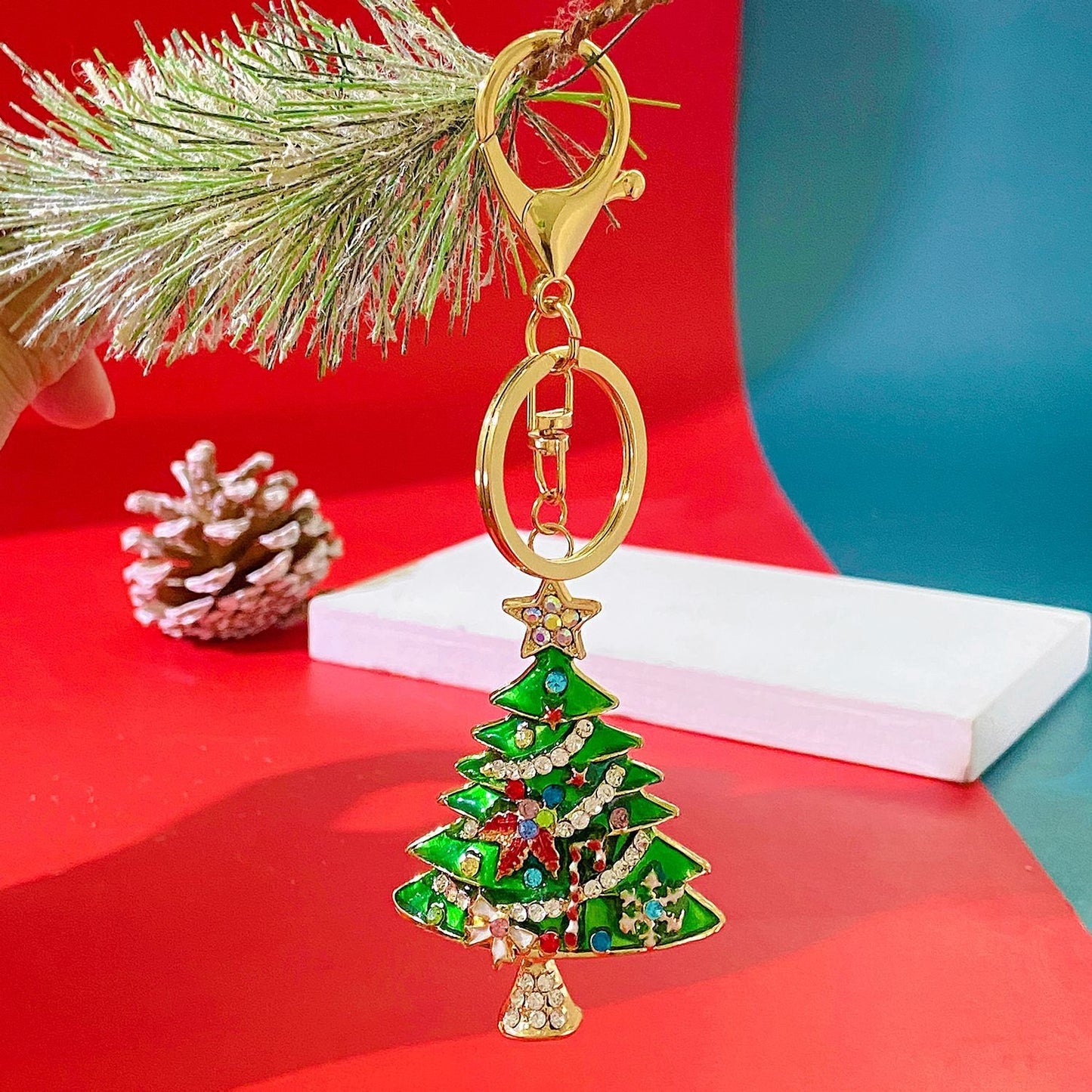 14k Gold Plated Christmas Tree Keychain with Enamel and Rhinestone Decoration