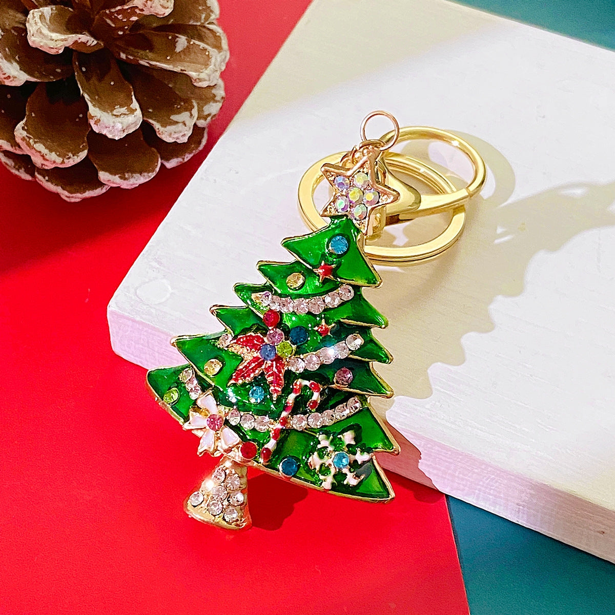 14k Gold Plated Christmas Tree Keychain with Enamel and Rhinestone Decoration