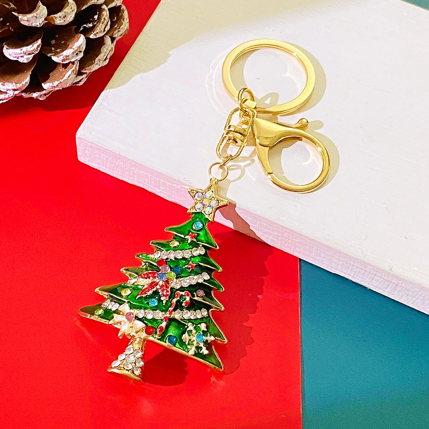 14k Gold Plated Christmas Tree Keychain with Enamel and Rhinestone Decoration