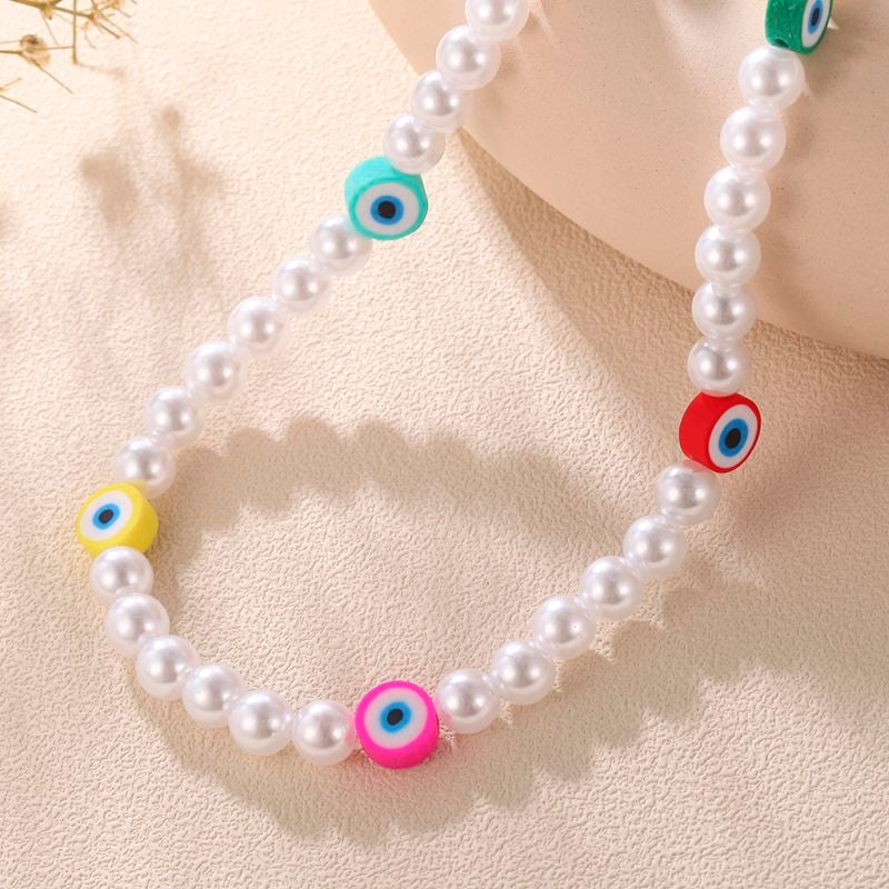 Devil's Eye Imitation Pearl Beaded Choker Necklace for Women