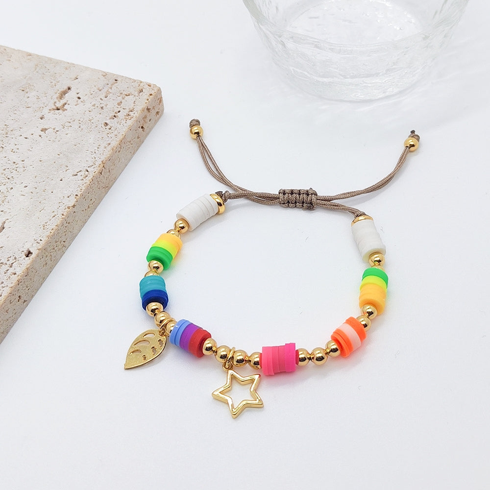 Layered Boho Colorful Soft Clay Beaded Natural Freshwater Pearl 18k Gold Plated Women's Bracelet