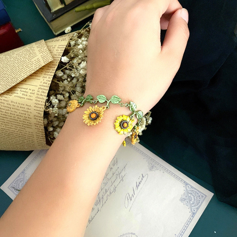 Sunflower Leaf Enamel Alloy Women's Bracelet - Retro French Forest Plant Series