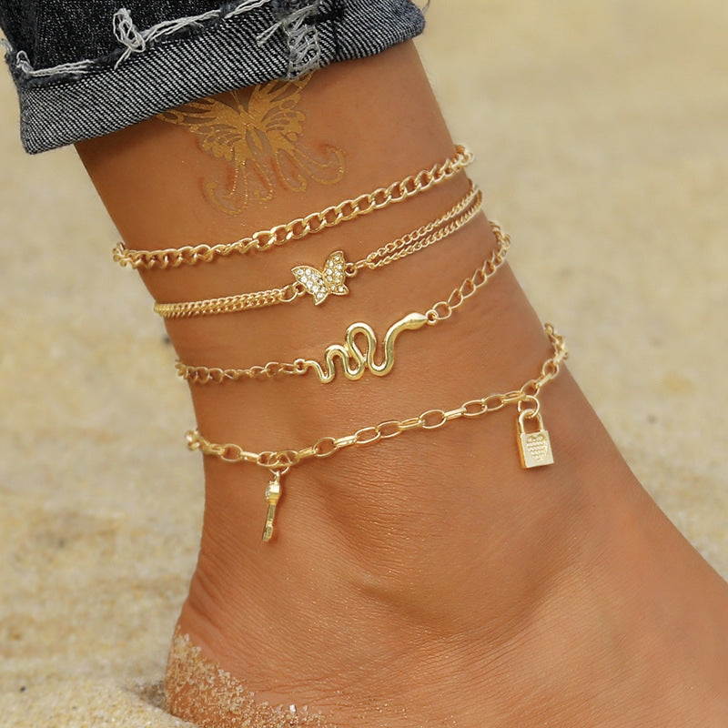 Vacation Multi-Layer Butterfly Pendant Rhinestone Pearl Alloy Anklet Set