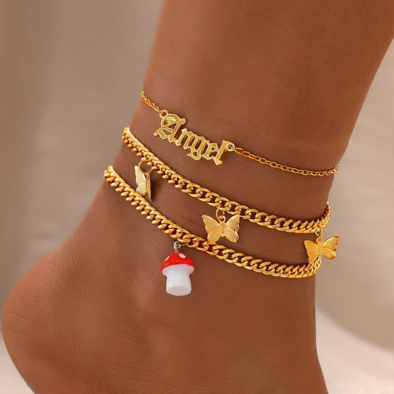 Vacation Mushroom Butterfly Rhinestone Anklet Set - Angel Letter Chain & Vintage Beach Style