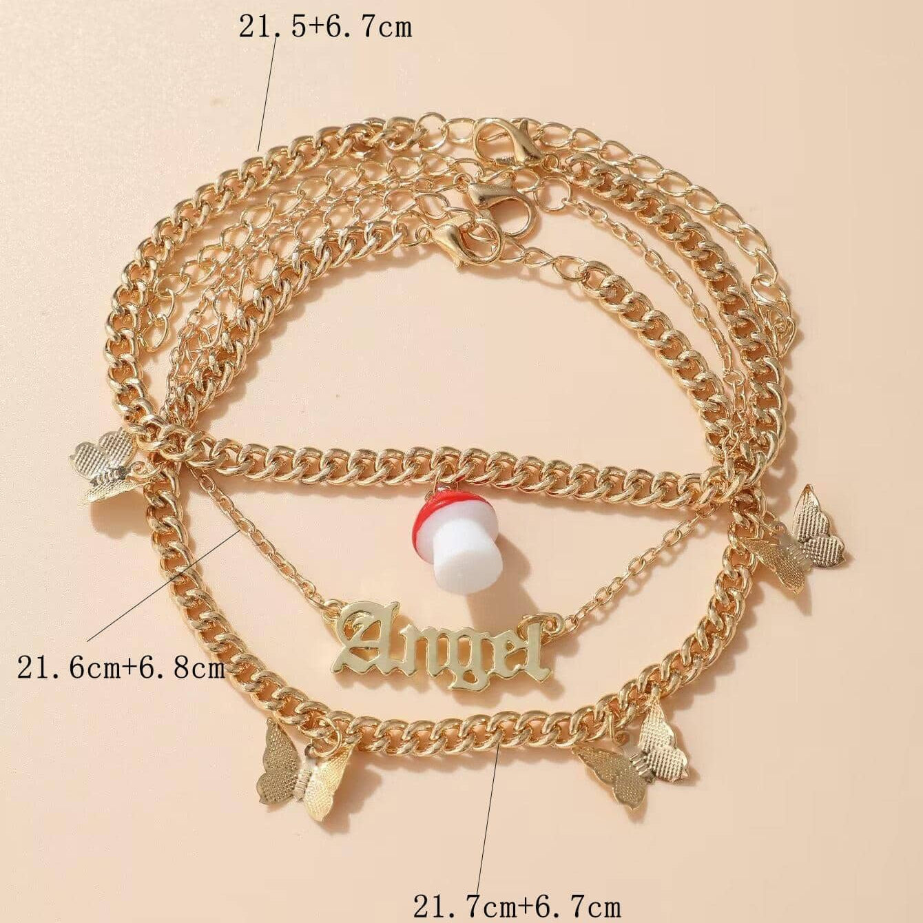 Vacation Mushroom Butterfly Rhinestone Anklet Set - Angel Letter Chain & Vintage Beach Style