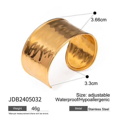 18K Gold Plated Stainless Steel Cuff Bracelet with Hammered Wavy Design