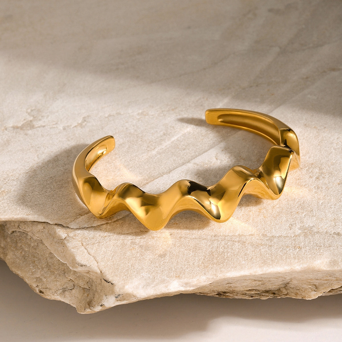 18K Gold Plated Stainless Steel Cuff Bracelet with Hammered Wavy Design