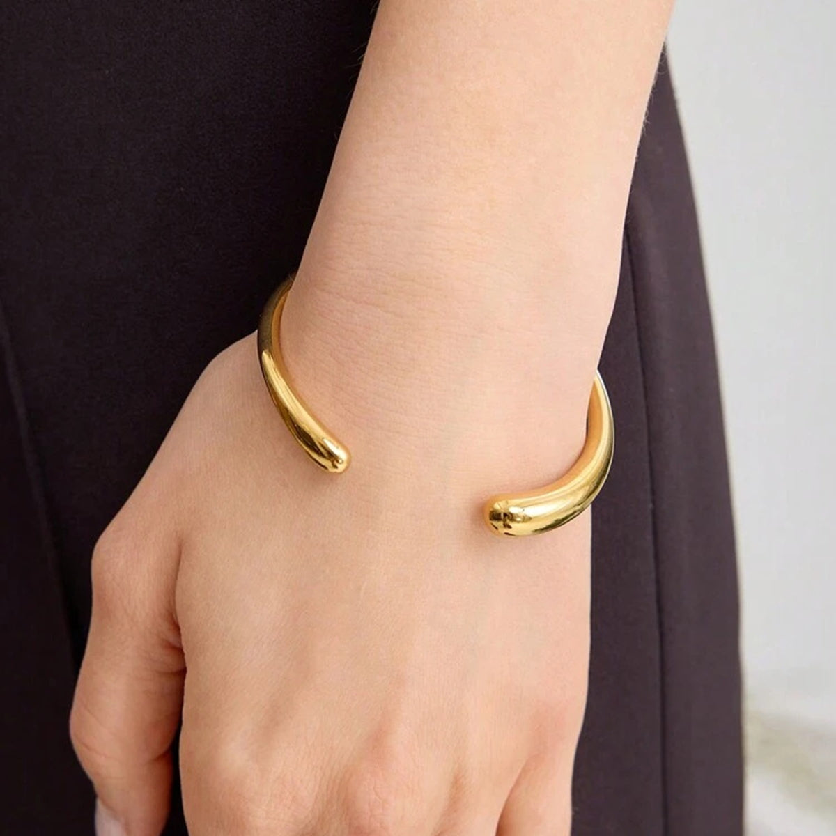 18K Gold Plated Stainless Steel Cuff Bracelet with Hammered Wavy Design