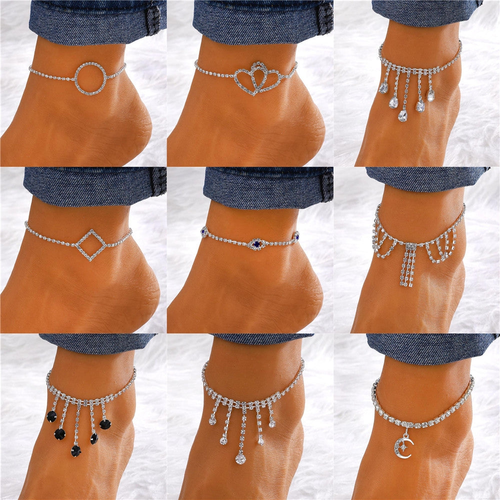 Vacation Bohemian Moon Heart Shape Rhinestone Tassel Layered Women's Anklet