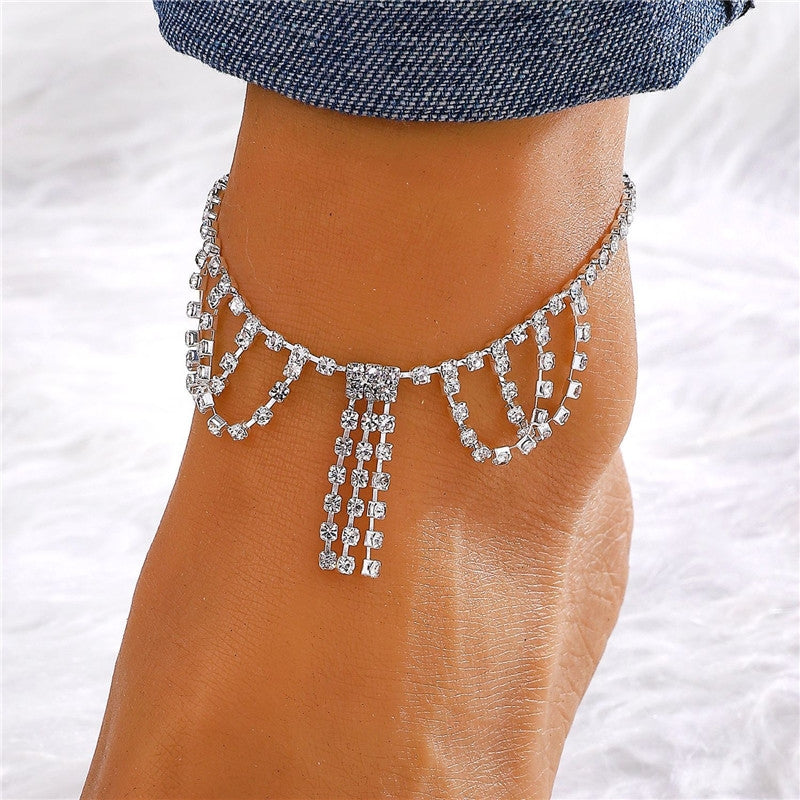 Vacation Bohemian Moon Heart Shape Rhinestone Tassel Layered Women's Anklet