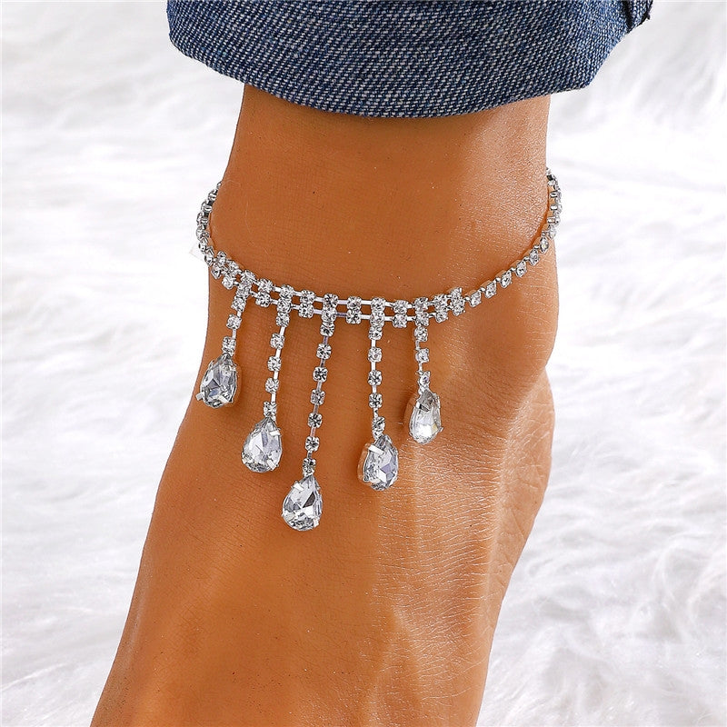 Vacation Bohemian Moon Heart Shape Rhinestone Tassel Layered Women's Anklet