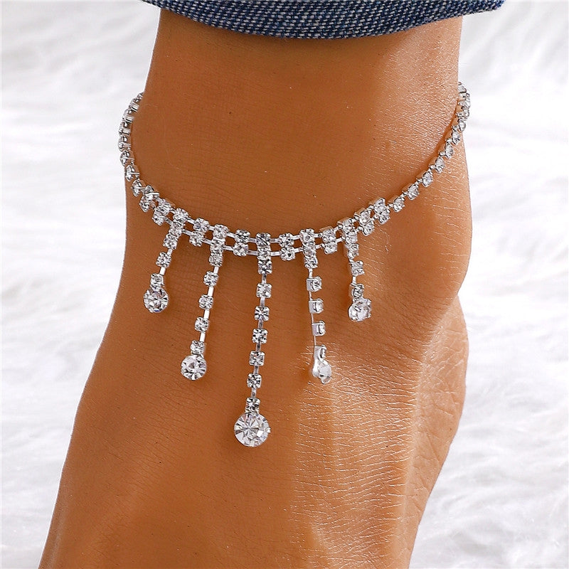 Vacation Bohemian Moon Heart Shape Rhinestone Tassel Layered Women's Anklet