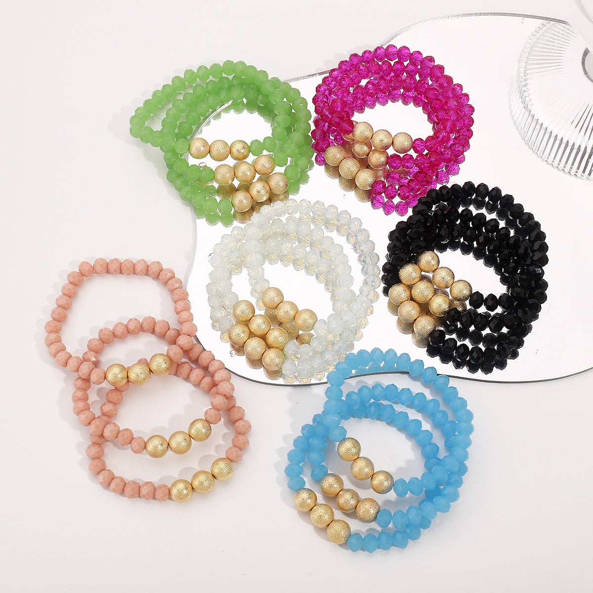 Vacation Geometric CCB Crystal Beaded Bracelet Set - Fashionable Layered Elastic Design