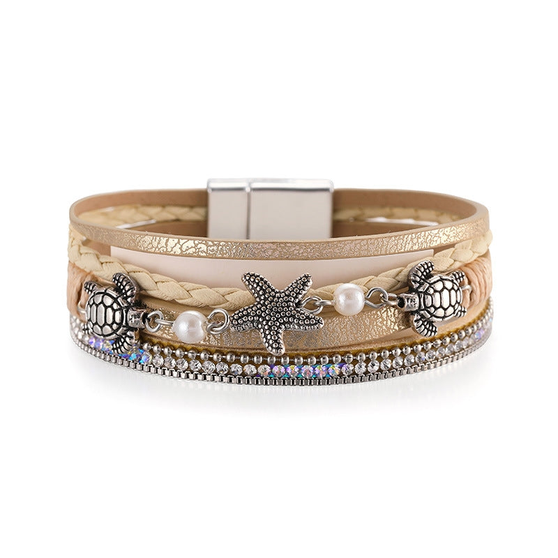 Vacation Tortoise Starfish Ethnic Leather Bracelet with Pearls and Rhinestones