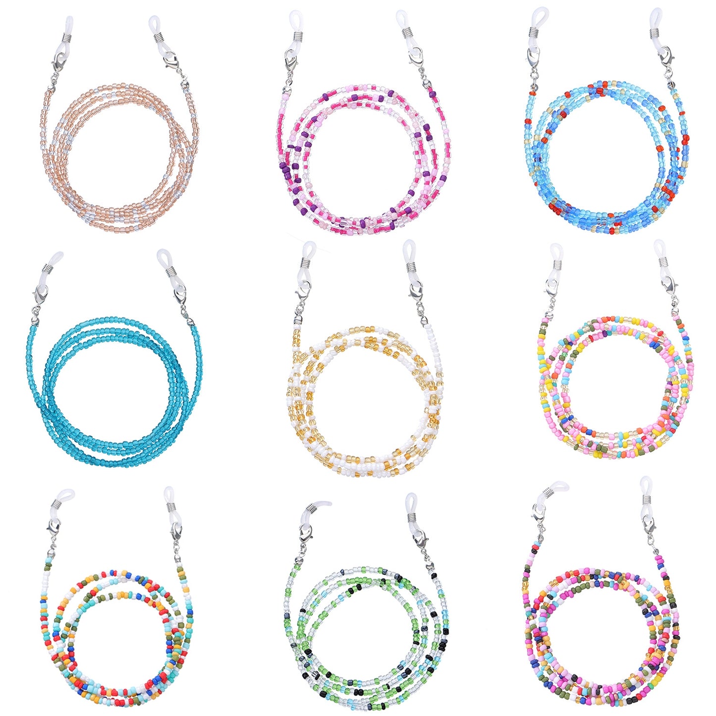 Versatile Multi-Color Beaded Eyeglasses and Mask Chain Set - 9 Pieces