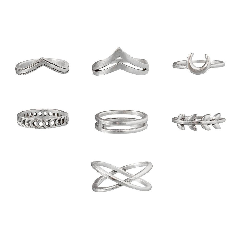 Vintage Moon Leaf Double Layer Ring Set - 7 Piece Alloy Jewelry Collection