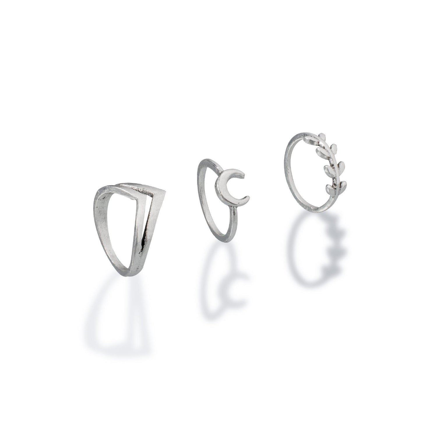 Vintage Moon Leaf Double Layer Ring Set - 7 Piece Alloy Jewelry Collection