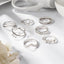 Vintage Moon Leaf Double Layer Ring Set - 7 Piece Alloy Jewelry Collection