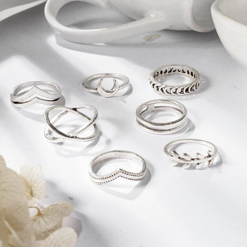 Vintage Moon Leaf Double Layer Ring Set - 7 Piece Alloy Jewelry Collection