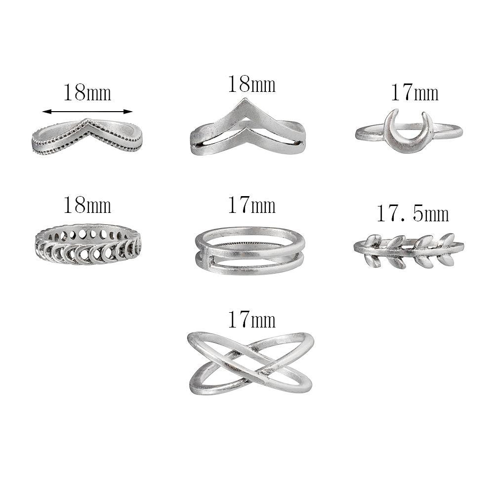 Vintage Moon Leaf Double Layer Ring Set - 7 Piece Alloy Jewelry Collection