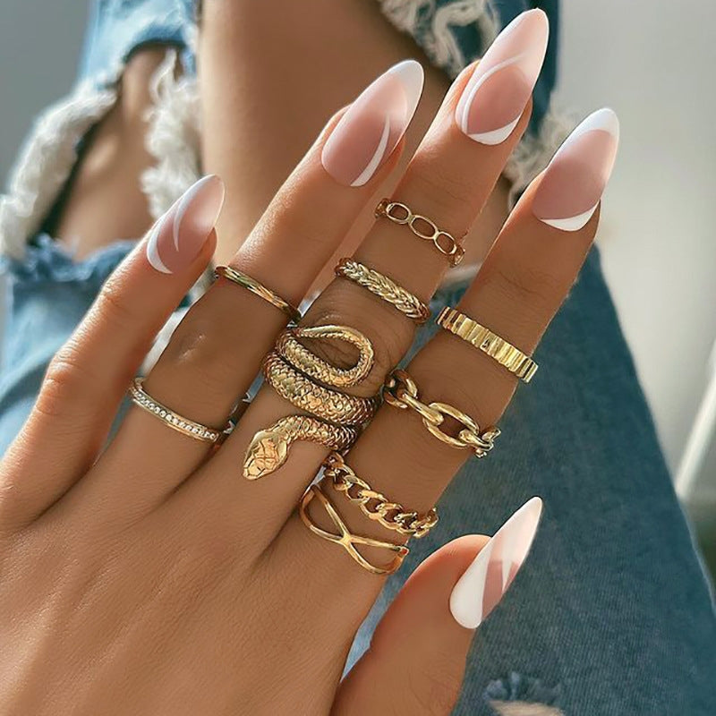 Vintage Style Geometric Snake Ring Set - Unisex Alloy Design