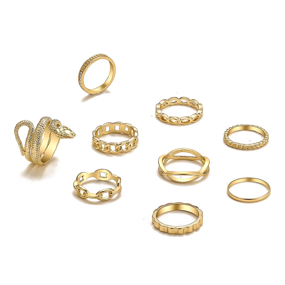 Vintage Style Geometric Snake Ring Set - Unisex Alloy Design