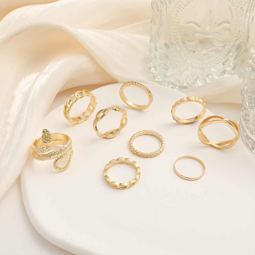 Vintage Style Geometric Snake Ring Set - Unisex Alloy Design