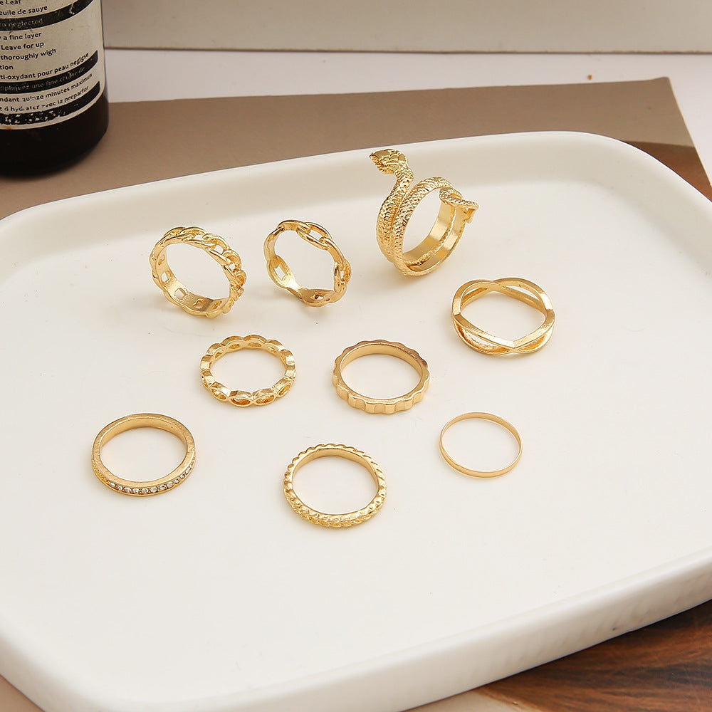 Vintage Style Geometric Snake Ring Set - Unisex Alloy Design