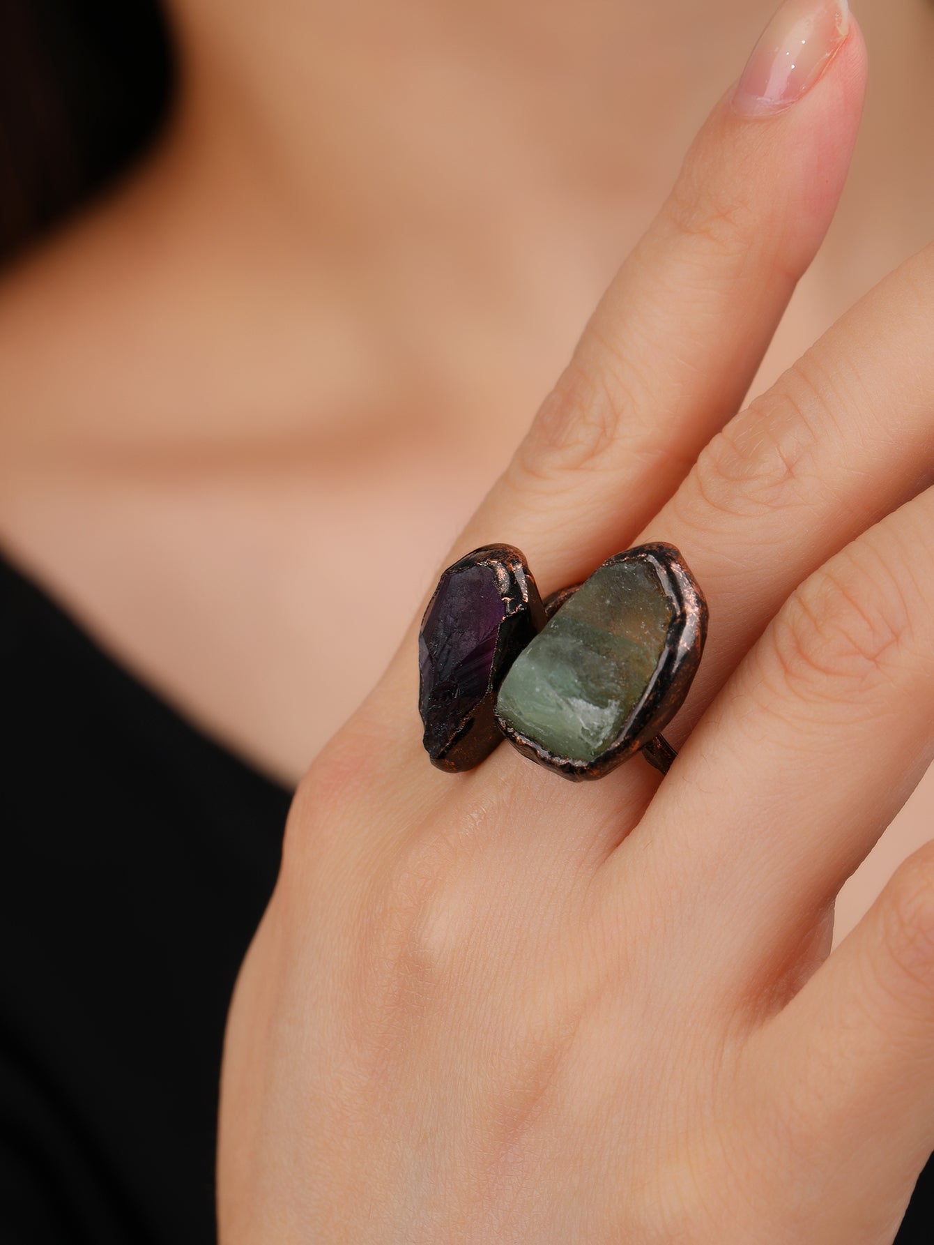 Vintage Baroque Irregular Natural Stone Copper Adjustable Open Ring for Women