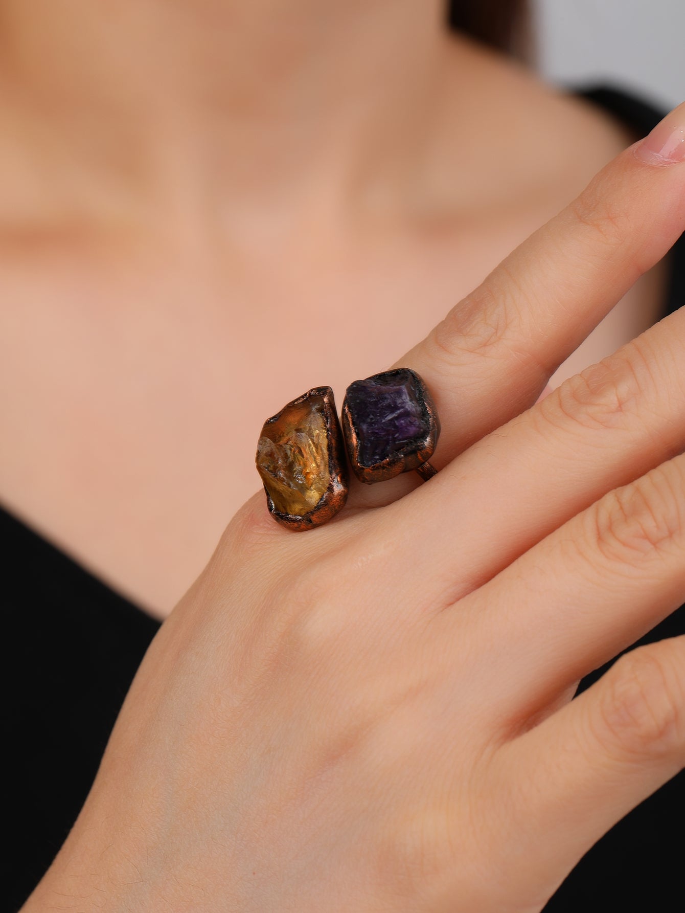 Vintage Baroque Irregular Natural Stone Copper Adjustable Open Ring for Women