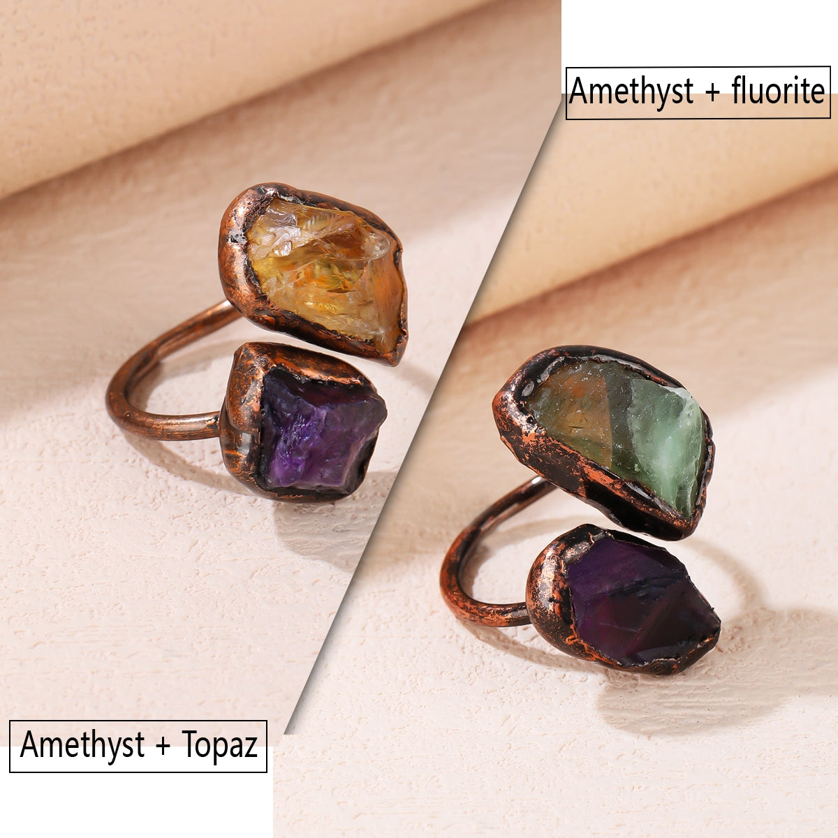 Vintage Baroque Irregular Natural Stone Copper Adjustable Open Ring for Women