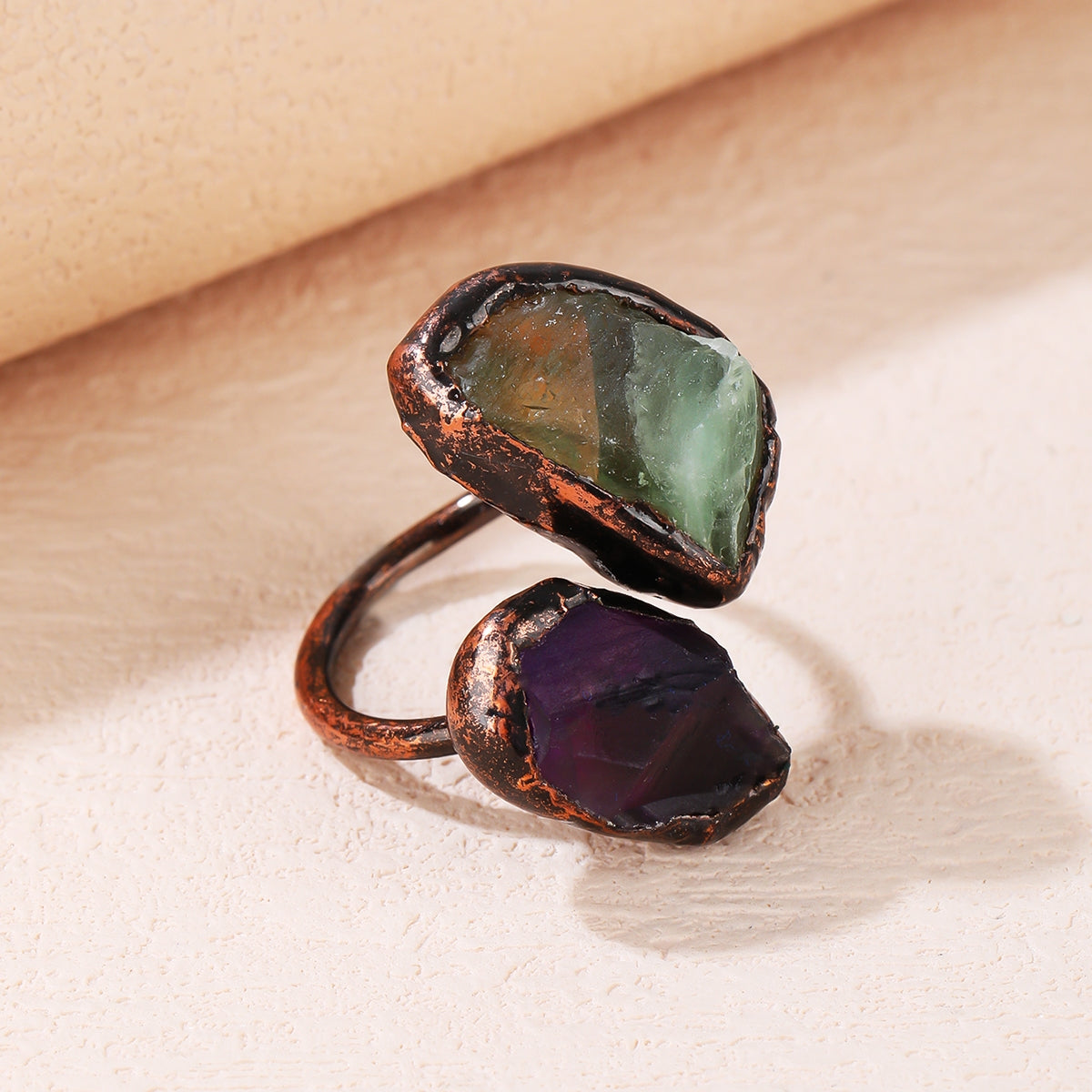 Vintage Baroque Irregular Natural Stone Copper Adjustable Open Ring for Women