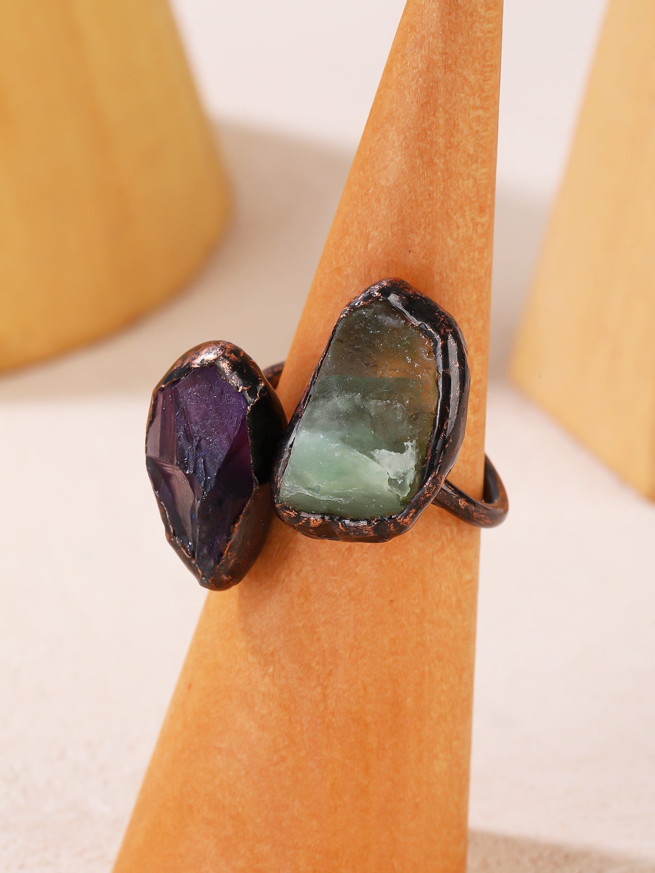 Vintage Baroque Irregular Natural Stone Copper Adjustable Open Ring for Women