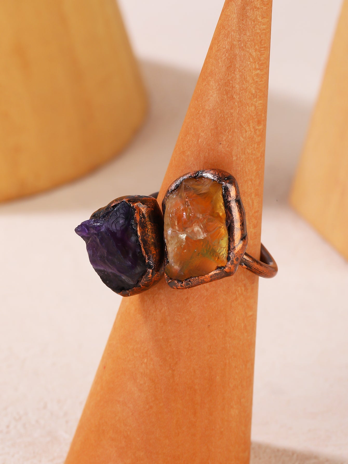 Vintage Baroque Irregular Natural Stone Copper Adjustable Open Ring for Women