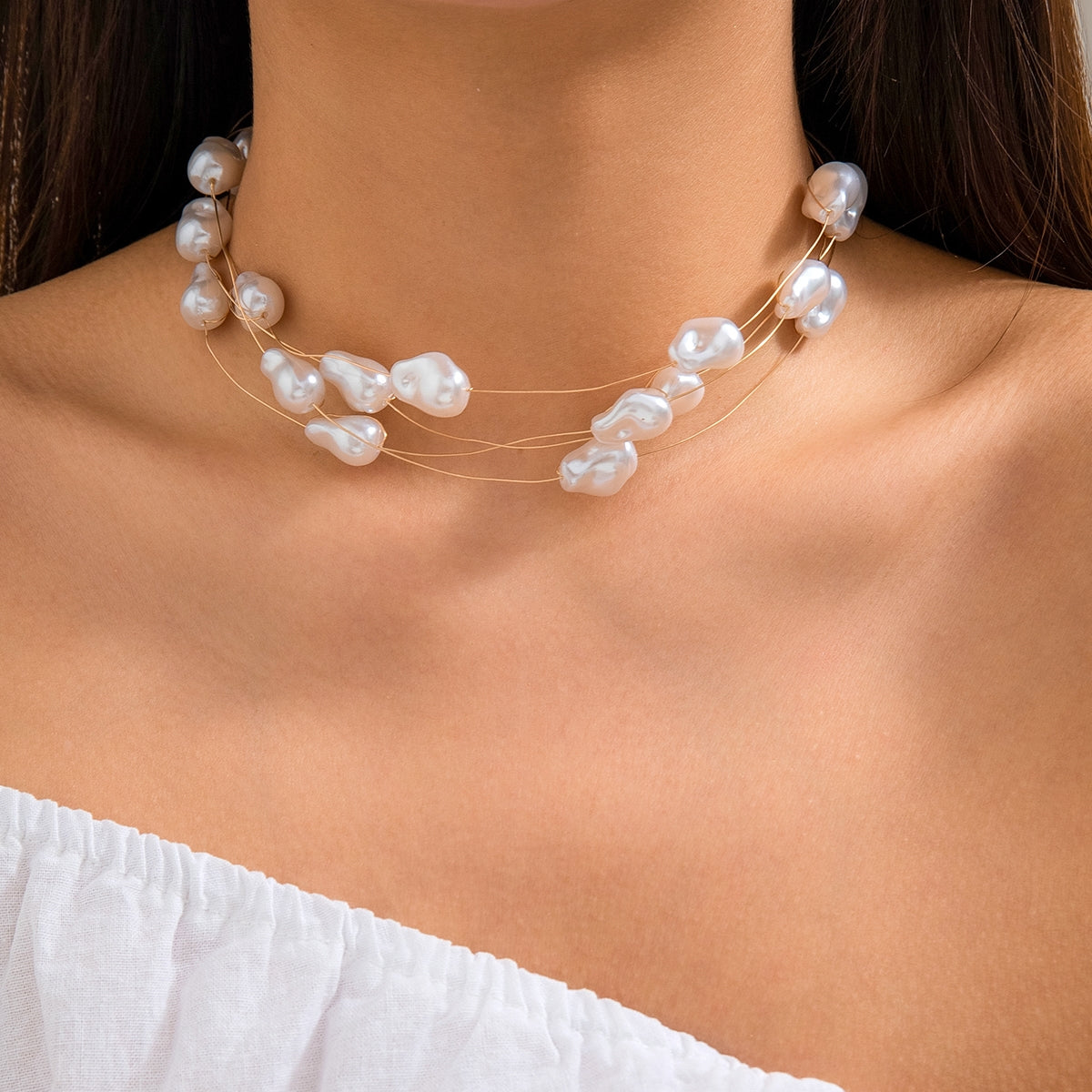 Vintage Baroque Irregular Imitation Pearl Beaded Choker Necklace for Women