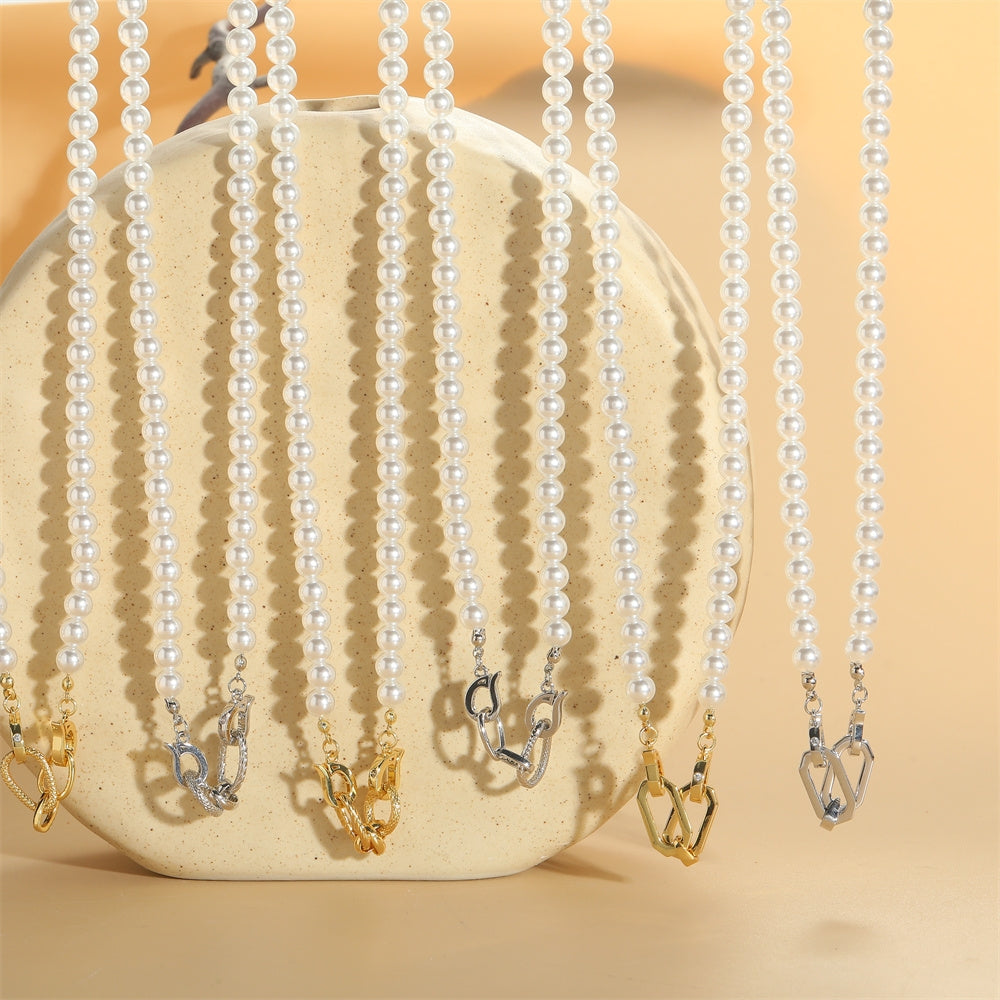 Vintage Double Ring Glass Pearl 14K Gold Plated Women's Necklace