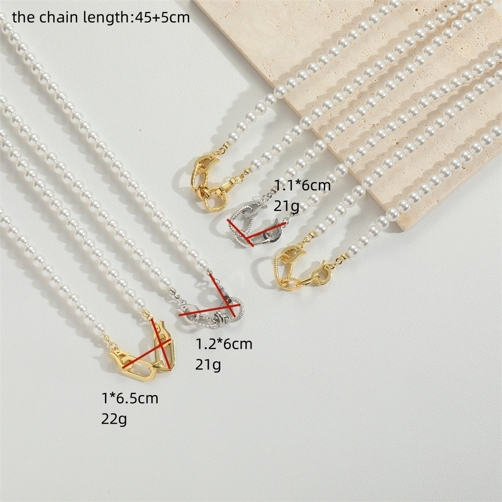Vintage Double Ring Glass Pearl 14K Gold Plated Women's Necklace