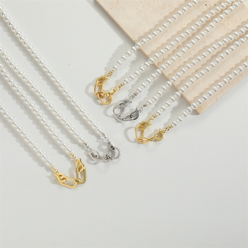 Vintage Double Ring Glass Pearl 14K Gold Plated Women's Necklace