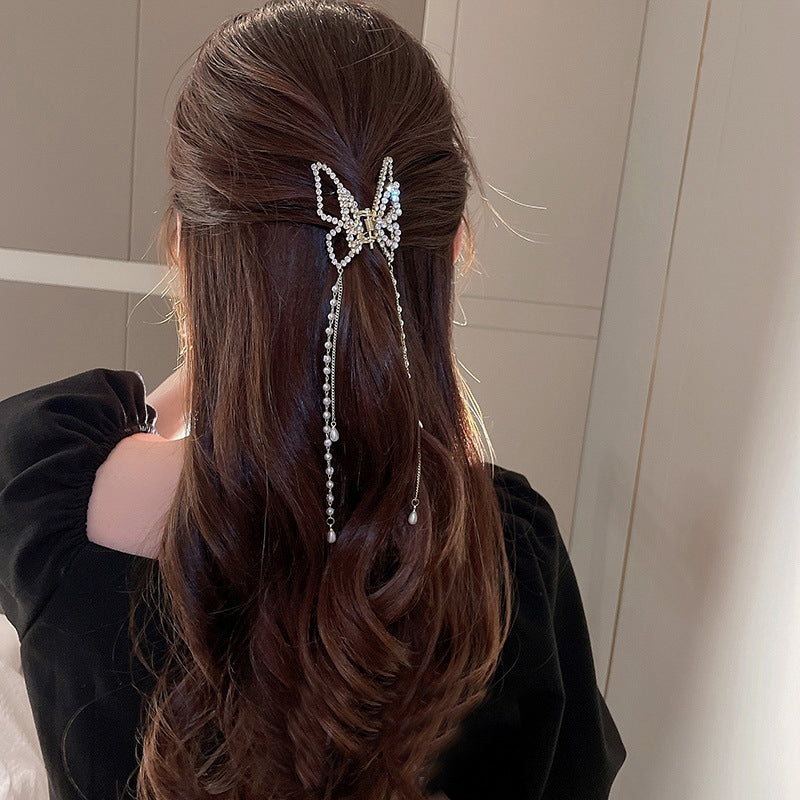 Vintage Butterfly Rhinestone Hair Claw and Pearl Tassel Hairpin Set