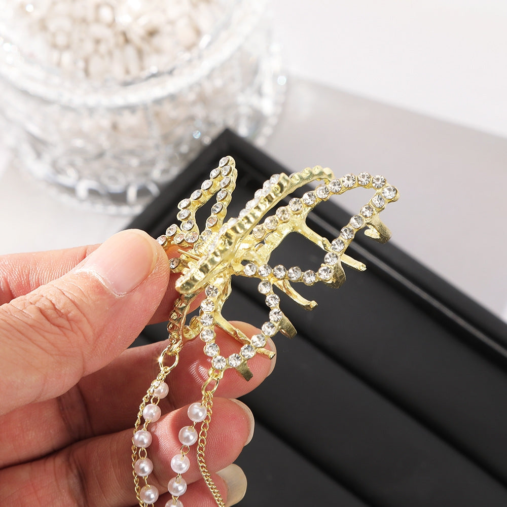 Vintage Butterfly Rhinestone Hair Claw and Pearl Tassel Hairpin Set