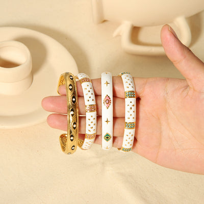 Vintage C Shape Star 18K Gold Plated Stainless Steel Bangle with Diamond Inlay Adjustable Bracelet