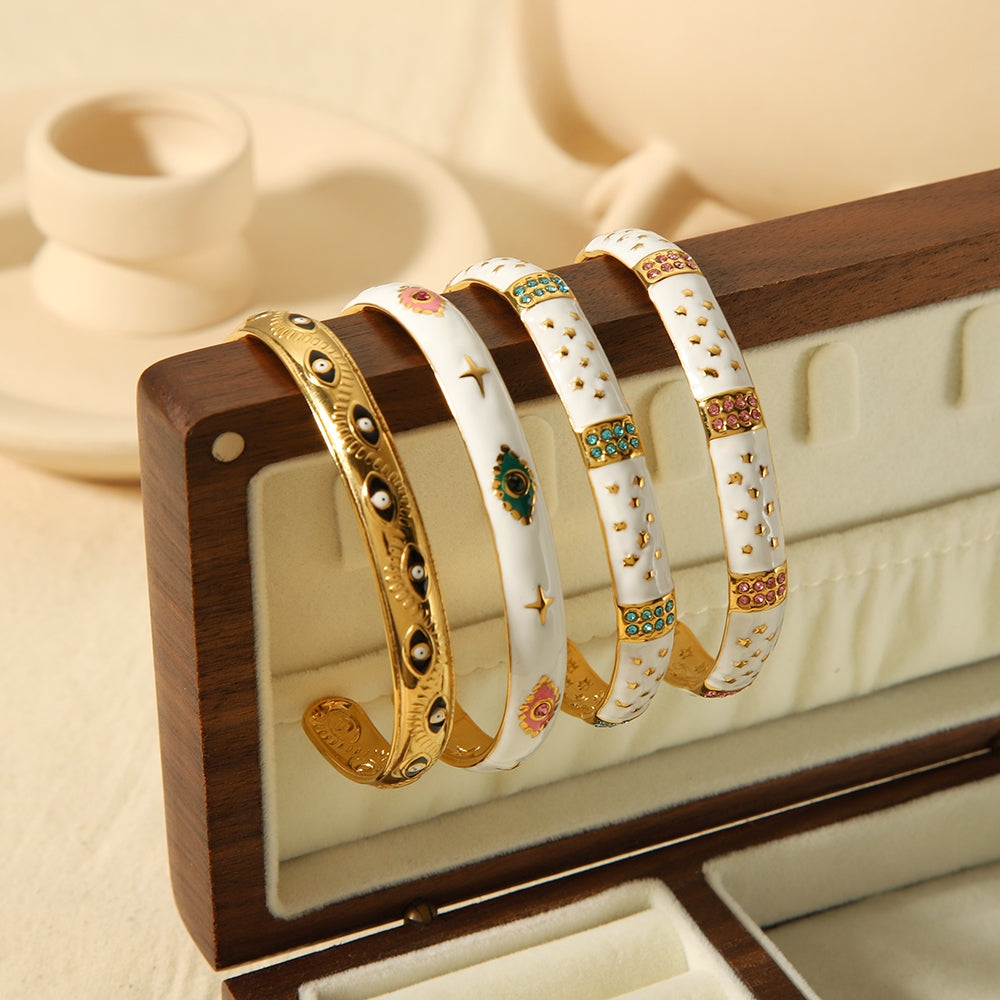 Vintage C Shape Star 18K Gold Plated Stainless Steel Bangle with Diamond Inlay Adjustable Bracelet