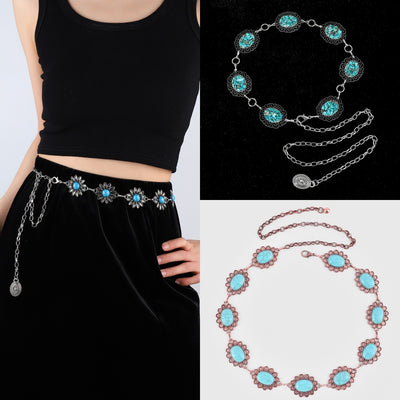 Vintage Bohemian Chrysanthemum Alloy Turquoise Women's Chain Belt