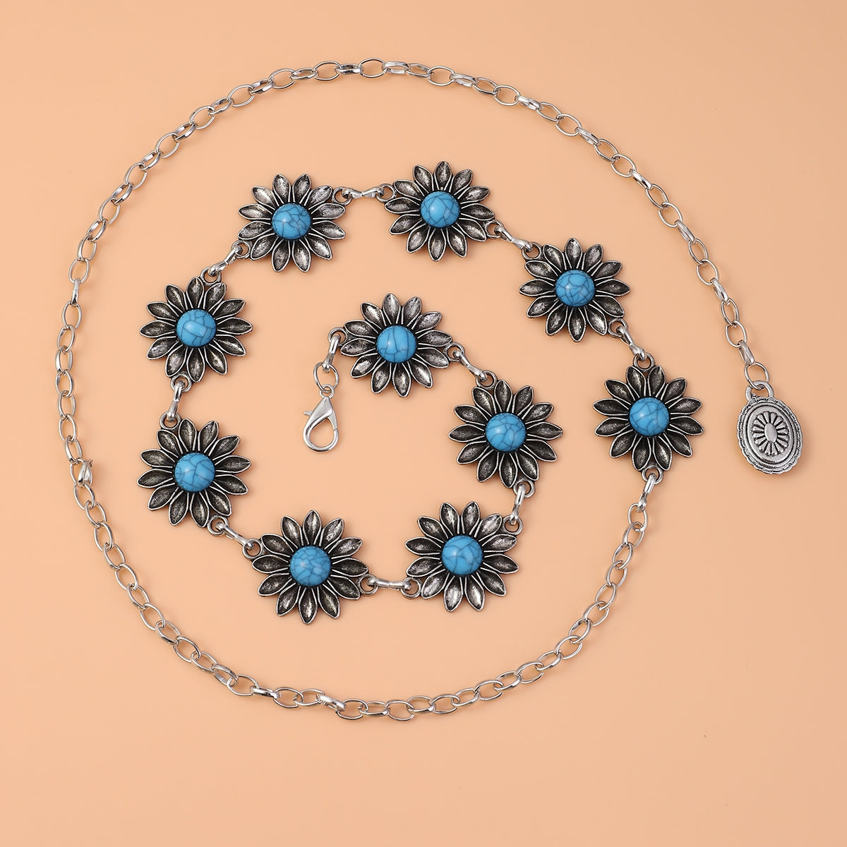 Vintage Bohemian Chrysanthemum Alloy Turquoise Women's Chain Belt
