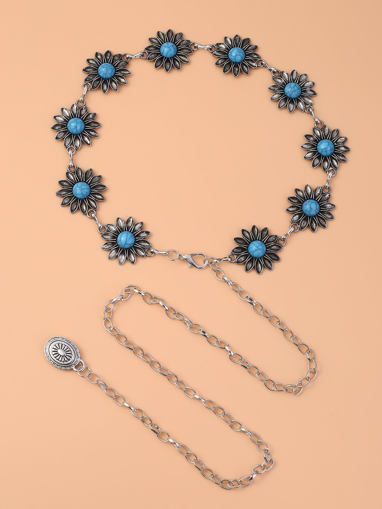 Vintage Bohemian Chrysanthemum Alloy Turquoise Women's Chain Belt