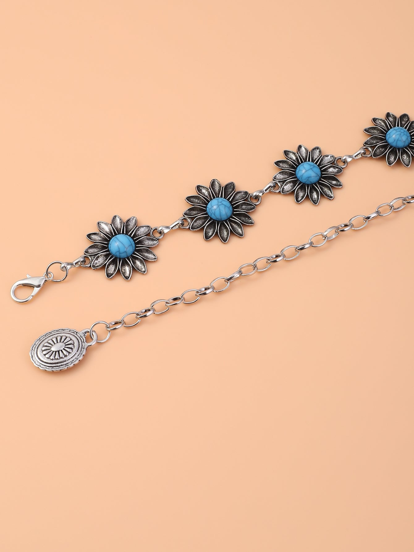 Vintage Bohemian Chrysanthemum Alloy Turquoise Women's Chain Belt
